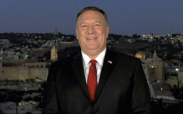 In this image from video, Secretary of State Mike Pompeo speaks from Jerusalem during the second night of the Republican National Convention on August 25, 2020. (Courtesy of the Committee on Arrangements for the 2020 Republican National Committee via AP) In this image from video, Secretary of State Mike Pompeo speaks from Jerusalem during the second night of the Republican National Convention on August 25, 2020. (Courtesy of the Committee on Arrangements for the 2020 Republican National Committee via AP)