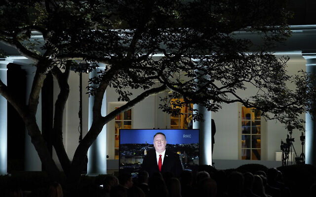 A video of Secretary of State Mike Pompeo speaking during the Republican National Convention plays from the Rose Garden of the White House, on August 25, 2020. (AP/Evan Vucci) A video of Secretary of State Mike Pompeo speaking during the Republican National Convention plays from the Rose Garden of the White House, on August 25, 2020. (AP/Evan Vucci)