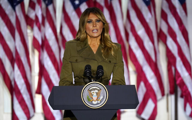US first lady Melania Trump speaks on the second day of the Republican National Convention from the Rose Garden of the White House, August 25, 2020, in Washington. (AP Photo/Evan Vucci) US first lady Melania Trump speaks on the second day of the Republican National Convention from the Rose Garden of the White House, August 25, 2020, in Washington. (AP Photo/Evan Vucci)