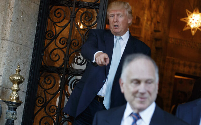 Illustrative: Donald Trump points at World Jewish Congress President Ronald Lauder after meeting at Mar-a_Lago, on December 28, 2016, in Palm Beach, Fla. (AP/Evan Vucci) Illustrative: Donald Trump points at World Jewish Congress President Ronald Lauder after meeting at Mar-a_Lago, on December 28, 2016, in Palm Beach, Fla. (AP/Evan Vucci)