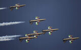 Illustrative photo: Al Fursan, or the Knights, a UAE Air Force aerobatic display team, perform on the second day of the Dubai Air Show, United Arab Emirates, Monday, Nov. 13, 2017. (AP/Kamran Jebreili)