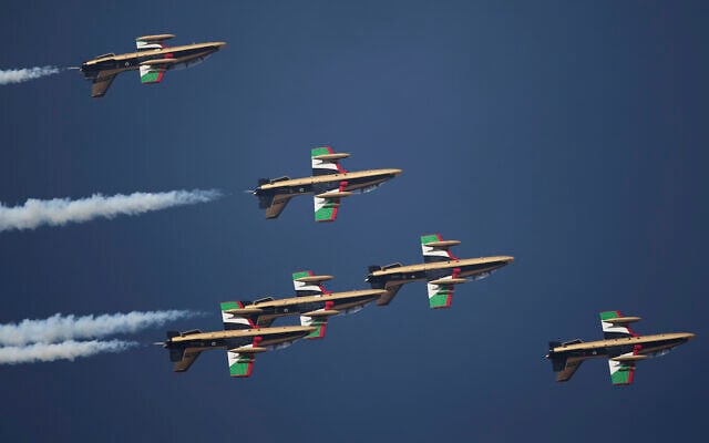 Illustrative photo: Al Fursan, or the Knights, a UAE Air Force aerobatic display team, perform on the second day of the Dubai Air Show, United Arab Emirates, Monday, Nov. 13, 2017. (AP/Kamran Jebreili) Illustrative photo: Al Fursan, or the Knights, a UAE Air Force aerobatic display team, perform on the second day of the Dubai Air Show, United Arab Emirates, Monday, Nov. 13, 2017. (AP/Kamran Jebreili)