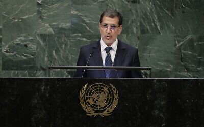 Morocco's Prime Minister Saad-Eddine El Othmani addresses the 73rd session of the United Nations General Assembly Tuesday, Sept. 25, 2018, at the United Nations headquarters. (AP Photo/Frank Franklin II)
