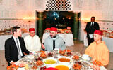Moroccan King Mohammed VI (center) chats with Jared Kushner, senior adviser to US President Donald Trump (left) as crown Prince Moulay Hassan (right) looks on before an Iftar meal, the evening meal when Muslims end their daily Ramadan fast at sunset, at the King Royal residence in Sale, Morocco, May 28, 2019. (Moroccan Royal Palace, via AP)