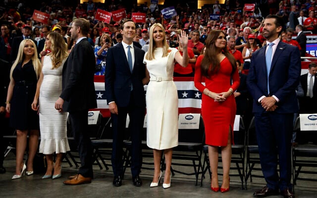 From left, Tiffany Trump, Lara Trump and Eric Trump, senior adviser Jared Kushner and Ivanka Trump, and Kimberly Guilfoyle and Donald Trump Jr., watch as US President Donald Trump speaks at his re-election kickoff rally at the Amway Center, June 18, 2019, in Orlando, Florida. (AP Photo/Evan Vucci) From left, Tiffany Trump, Lara Trump and Eric Trump, senior adviser Jared Kushner and Ivanka Trump, and Kimberly Guilfoyle and Donald Trump Jr., watch as US President Donald Trump speaks at his re-election kickoff rally at the Amway Center, June 18, 2019, in Orlando, Florida. (AP Photo/Evan Vucci)