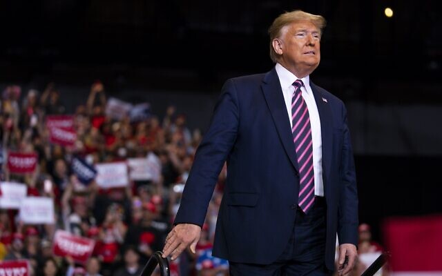 US President Donald Trump arrives to speak to a campaign rally at the Las Vegas Convention Center, February 21, 2020, in Las Vegas (AP Photo/Evan Vucci) US President Donald Trump arrives to speak to a campaign rally at the Las Vegas Convention Center, February 21, 2020, in Las Vegas (AP Photo/Evan Vucci)