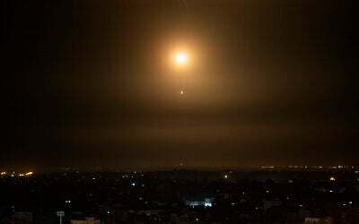 Illustrative: An explosion caused by Iron Dome air defense system missiles intercepting rockets fired from Gaza, February 23, 2020. (AP Photo/Khalil Hamra/ File)