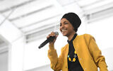 In this Feb. 29, 2020 file photo, US Rep. Ilhan Omar speaks at a rally in Springfield, Massachusetts. (AP Photo/Susan Walsh File)