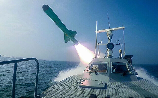 Illustrative: In this photo released July 28, 2020, by Sepahnews, a Revolutionary Guard's speedboat fires a missile during a military exercise (Sepahnews via AP) Illustrative: In this photo released July 28, 2020, by Sepahnews, a Revolutionary Guard's speedboat fires a missile during a military exercise (Sepahnews via AP)