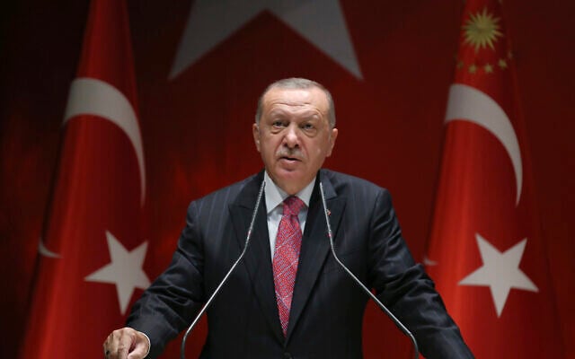 Turkey's President Recep Tayyip Erdogan addresses his party members, in Ankara, Turkey, August 13, 2020. (Turkish Presidency via AP, Pool) Turkey's President Recep Tayyip Erdogan addresses his party members, in Ankara, Turkey, August 13, 2020. (Turkish Presidency via AP, Pool)