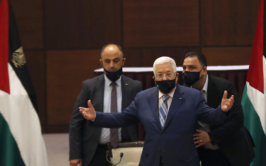 Palestinian Authority President Mahmoud Abbas gestures during a meeting with the Palestinian leadership to discuss the United Arab Emirates' deal with Israel to normalize relations, in the West Bank city of Ramallah on Tuesday, Aug. 18, 2020. (Mohamad Torokman/Pool Photo via AP) Palestinian Authority President Mahmoud Abbas gestures during a meeting with the Palestinian leadership to discuss the United Arab Emirates' deal with Israel to normalize relations, in the West Bank city of Ramallah on Tuesday, Aug. 18, 2020. (Mohamad Torokman/Pool Photo via AP)