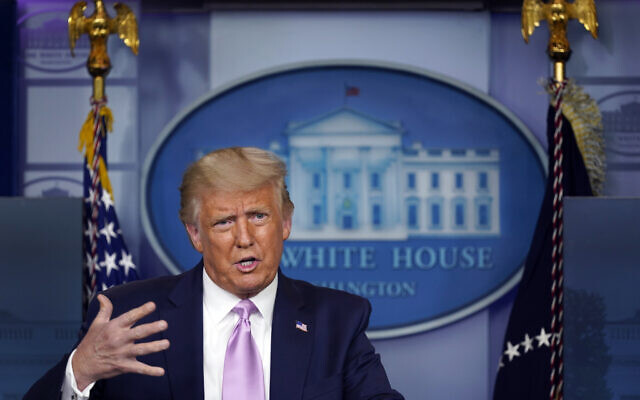 US President Donald Trump speaks during a news conference at the White House, Aug. 19, 2020, in Washington. (AP Photo/Evan Vucci) US President Donald Trump speaks during a news conference at the White House, Aug. 19, 2020, in Washington. (AP Photo/Evan Vucci)