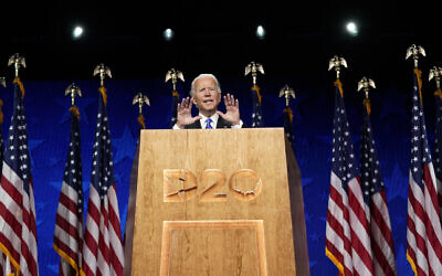 Democratic presidential candidate former Vice President Joe Biden speaks during the fourth day of the Democratic National Convention, Aug. 20, 2020, at the Chase Center in Wilmington, Delaware (AP Photo/Andrew Harnik)