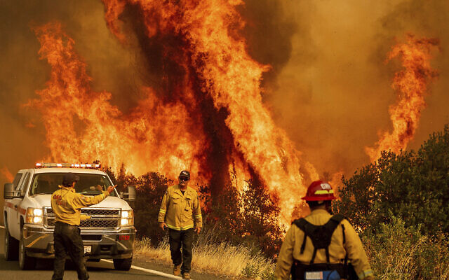 Flames from the LNU Lightning Complex fires leap above Butts Canyon Road on August 23, 2020, as firefighters work to contain the blaze in unincorporated Lake County, California. (AP Photo/Noah Berger) Flames from the LNU Lightning Complex fires leap above Butts Canyon Road on August 23, 2020, as firefighters work to contain the blaze in unincorporated Lake County, California. (AP Photo/Noah Berger)