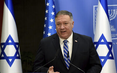 US Secretary of State Mike Pompeo speaks during a joint statement to the press with Prime Minister Benjamin Netanyahu after their meeting, in Jerusalem, August 24, 2020. (Debbie Hill/Pool via AP)