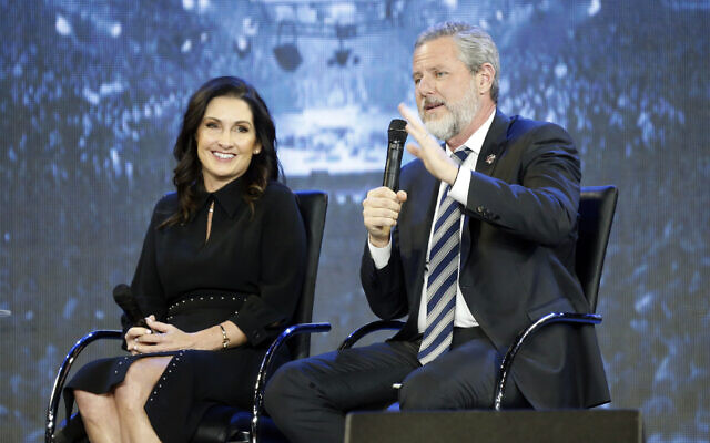 This Wednesday Nov. 28, 2018 file photo shows Rev. Jerry Falwell Jr., right, and his wife, Becki during after a town hall at a convocation at Liberty University in Lynchburg, Virginia. (AP Photo/Steve Helber) This Wednesday Nov. 28, 2018 file photo shows Rev. Jerry Falwell Jr., right, and his wife, Becki during after a town hall at a convocation at Liberty University in Lynchburg, Virginia. (AP Photo/Steve Helber)