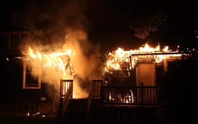 The Aug. 25, 2020 fire at the Chabad Center at the University of Delaware has been ruled an arson. (Dave Wilson/ Aetna Hose, Hook & Ladder Company via JTA) The Aug. 25, 2020 fire at the Chabad Center at the University of Delaware has been ruled an arson. (Dave Wilson/ Aetna Hose, Hook & Ladder Company via JTA)
