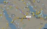 An El Al plane seen on a flight tracking website as it makes the first commercial flight between Israel and the United Arab Emirates, by crossing Saudi Arabian airspace, on August 31, 2020. (screen capture: FlightRadar24)