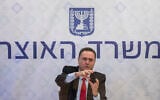 Finance Minister Israel Katz holds a press conference at the Finance Ministry in Jerusalem on July 1, 2020. (Olivier Fitoussi/Flash90)