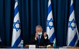 Prime Minister Benjamin Netanyahu and Alternate Prime Minister and Minister of Defense Benny Gantz at the weekly cabinet meeting, at the Ministry of Foreign Affairs in Jerusalem on July 5, 2020. (Amit Shabi/POOL)