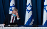 Benny Gantz at the weekly cabinet meeting in Jerusalem on July 5, 2020. (Amit Shabi/POOL)