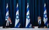 Prime Minister Benjamin Netanyahu, right, and Defense Minister Benny Gantz at the weekly cabinet meeting at the Ministry of Foreign Affairs in Jerusalem, on July 5, 2020. (Amit Shabi/Flash90)