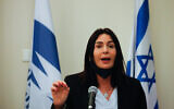 Transportation Minister Miri Regev, who lowered her face mask to speak, during a press conference at the Transportation Ministry in Jerusalem on July 8, 2020. (Olivier Fitoussi/Flash90)