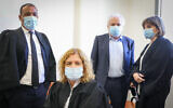 Prosecutor Liat Ben-Ari (2nd-L) and Shaul Elovtich (2nd-R) at the Jerusalem District Court for a hearing in the criminal cases against Prime Minister Benjamin Netanyahu, July 19, 2020. (Marc Israel Sellem/Pool/Flash90)