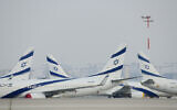 Parked airplanes at Ben Gurion International Airport on August 8, 2020. (Tomer Neuberg/FLASH90)