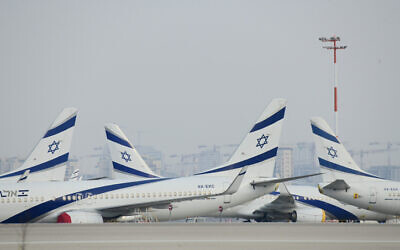 Parked airplanes at Ben Gurion International Airport on August 8, 2020. (Tomer Neuberg/FLASH90)