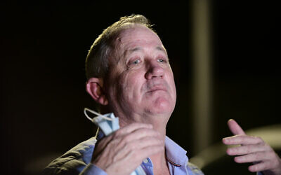 Benny Gantz speaks to the media outside his home on August 9, 2020. (Tomer Neuberg/Flash90)