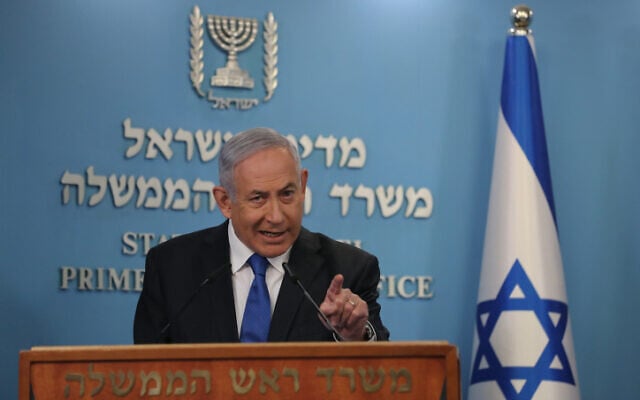 Israeli Prime Minister Benjamin Netanyahu discusses the agreement for Israel and the UAE to establish diplomatic relations, at the Prime Minister's Office in Jerusalem, on August 13, 2020. (Yonatan Sindel/FLASH90) Israeli Prime Minister Benjamin Netanyahu discusses the agreement for Israel and the UAE to establish diplomatic relations, at the Prime Minister's Office in Jerusalem, on August 13, 2020. (Yonatan Sindel/FLASH90)