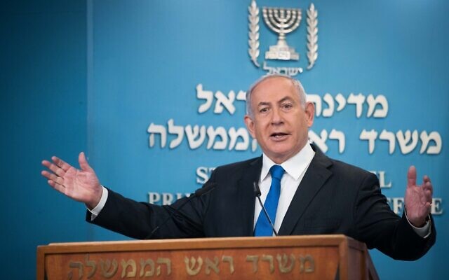 Prime Minister Benjamin Netanyahu discusses the Israel-UAE normalization deal at the Prime Minister's Office in Jerusalem, on August 13, 2020. (Yonatan Sindel/Flash90) Prime Minister Benjamin Netanyahu discusses the Israel-UAE normalization deal at the Prime Minister's Office in Jerusalem, on August 13, 2020. (Yonatan Sindel/Flash90)
