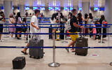 The departure hall at the Ben Gurion International Airport, on August 16, 2020. (Avshalom Sassoni/Flash90)