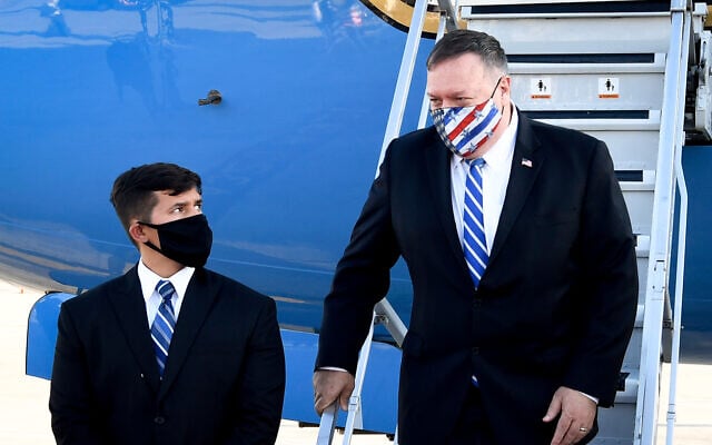 US Secretary of State Mike Pompeo arrives at Ben Gurion Airport on August 24, 2020. (Matty Stern/US Embassy Jerusalem) US Secretary of State Mike Pompeo arrives at Ben Gurion Airport on August 24, 2020. (Matty Stern/US Embassy Jerusalem)