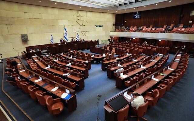View of the Knesset plenum on August 24, 2020. (Oren Ben Hakoon/Pool) View of the Knesset plenum on August 24, 2020. (Oren Ben Hakoon/Pool)