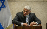 Yesh Atid leader MK Yair Lapid speaks in the Knesset plenum in Jerusalem on August 24, 2020. (Oren Ben Hakoon/Pool)