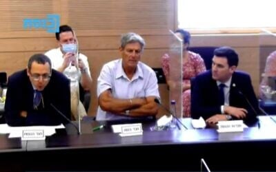Derech Eretz MK Zvi Hauser, left, speaking during a Knesset Finance Committee meeting, August 17, 2020. (Knesset Channel screenshot)