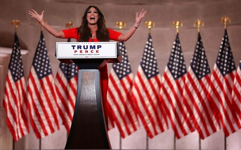Kimberly Guilfoyle prerecords her address to the Republican National Convention at the Mellon Auditorium in Washington, DC on August 24, 2020. (Chip Somodevilla/Getty Images via JTA) Kimberly Guilfoyle prerecords her address to the Republican National Convention at the Mellon Auditorium in Washington, DC on August 24, 2020. (Chip Somodevilla/Getty Images via JTA)