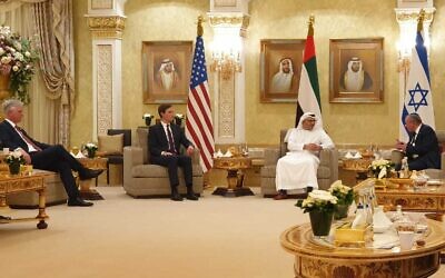 From left, US National Security Adviser Robert O'Brien, Trump Administration Senior Adviser Jared Kushner, UAE Foreign Minister Anwar Gargash and Israel's National Security Advisder Meir Ben Shabbat meeting in Abu Dhabi on August 31, 2020. (Israeli Prime Minister's Office)