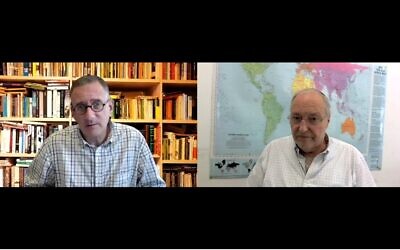 Journalist Mathew Kalman, left, interviews Nazi hunter Efraim Zuroff for the 'Behind the Headlines' online video series, August 19, 2020. (Screenshot)