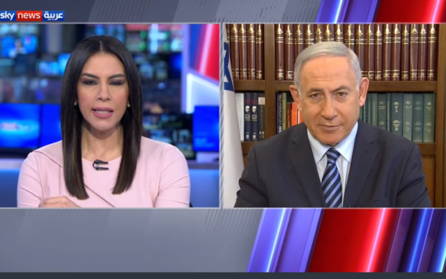 Prime Minister Benjamin Netanyahu, giving an interview to the Abu Dhabi-based Sky News Arabia, August 17, 2020. (Screen capture: Sky News Arabia) Prime Minister Benjamin Netanyahu, giving an interview to the Abu Dhabi-based Sky News Arabia, August 17, 2020. (Screen capture: Sky News Arabia)