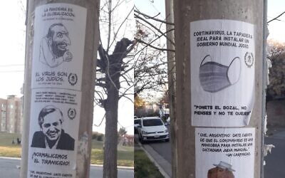 Anti-Semitic posters blaming Jews for the COVID-19 pandemic in the southern Argentine city of Neuquen.(JMNeuquen/ Twitter)