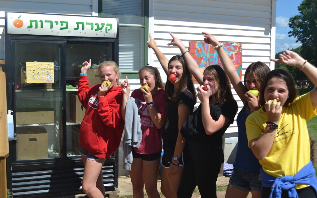 Campers have a snack at 'Ke'arat Peirot' (Fruit Bowl) at Camp Ramah in Wisconsin. (Courtesy of authors)