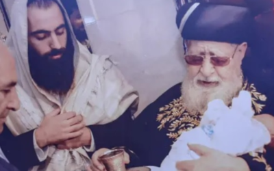 Rabbi Shai Ohayon, who was stabbed to death in an apparent terror attack at Segula Junction on August 26, 2020, at the circumcision of his son with Rabbi Ovadya Yosef (right). (Courtesy)