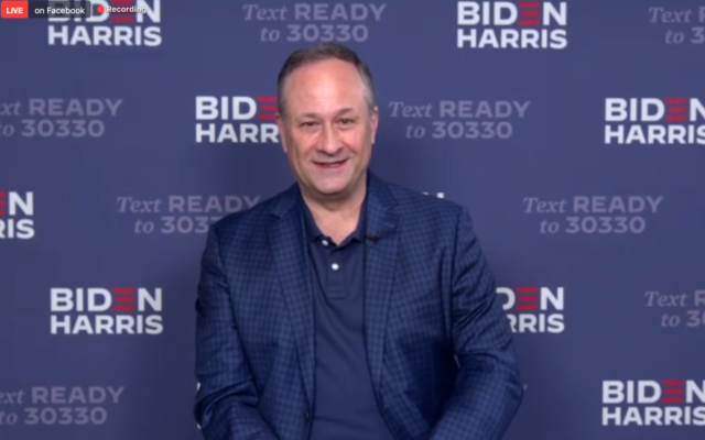 US vice presidential candidate Kamala Harris's husband Doug Emhoff appears at a campaign event for Florida Jews on August 28, 2020. (Screen capture/Zoom) US vice presidential candidate Kamala Harris's husband Doug Emhoff appears at a campaign event for Florida Jews on August 28, 2020. (Screen capture/Zoom)