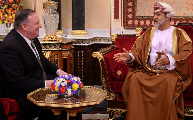 US Secretary of State Mike Pompeo, left, meets with Oman's Sultan Haitham bin Tarik Al Said, at al-Alam palace in the Omani capital of Muscat, February 21, 2020. (Andrew Caballero-Reynolds/Pool via AP) US Secretary of State Mike Pompeo, left, meets with Oman's Sultan Haitham bin Tarik Al Said, at al-Alam palace in the Omani capital of Muscat, February 21, 2020. (Andrew Caballero-Reynolds/Pool via AP)