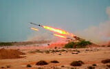 Missiles are fired in an Iranian military exercise by the Islamic Revolutionary Guards Corps, on July 28, 2020. (Sepahnews via AP)
