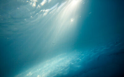 A ran of sunlight shines on a submerged section of an iceberg in Greenland, August 1, 2017. (AP Photo/David Goldman)