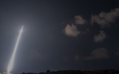 An Arrow 2 interceptor missile is fired at an incoming target in a live-fire test on August 12, 2020. (Defense Ministry)